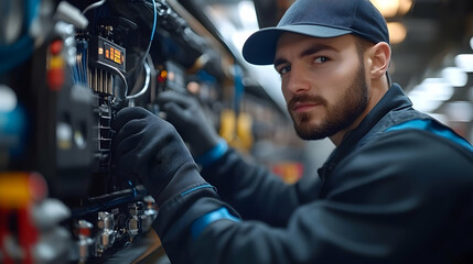 Technician working on machinery in a control panel environment.