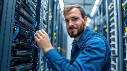 network engineer working in server room