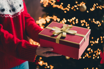 Cropped portrait of woman hands hold giftbox new year xmas garland lights flat indoors