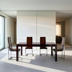 Fototapeta premium Modern dining room interior with a wooden table and four chairs.