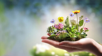 Hand Holding Mini Garden Of Flowers And Green Plants With Soil. Nature And Gardening Concept