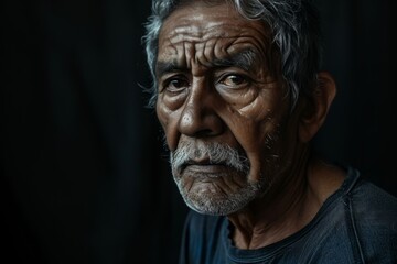 Sulking senior Latin American man, head and shoulders portrait on black background. Elder Cuban people and emotions, close up of sad old latino looking at camera. Depressed hispanic elderly man