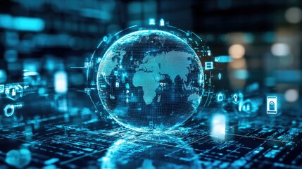 Digital binary data on microchip with glow circuit board background 