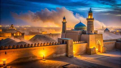 Naklejka premium Sandstorm at Itchan Kala: Ancient Walls and Minaret in Khiva, Uzbekistan