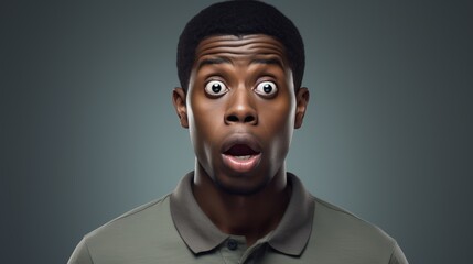 Obraz premium Young astonished shocked surprised african man with black short hair looking camera with wide open eyes and mouth agape isolated grey studio background. Winning lottery, season holiday sale concept