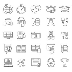 E-learning and training icon sheet with thin editable vector lines