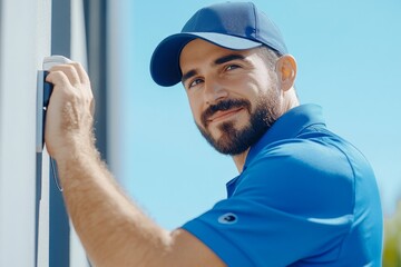 A security technician performing maintenance on a buildings access control system in bright daylight