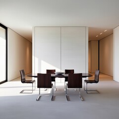 Fototapeta premium A modern dining room with a large table and six chairs. The room is brightly lit and has a minimalist design.