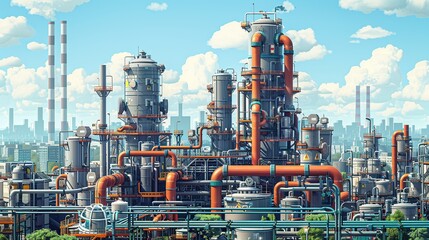 Industrial factory exterior view with a complex tangle of pipes and ducts, set against a backdrop of buildings and smokestacks. Illustration capturing the essence of chemical plants. High resolution