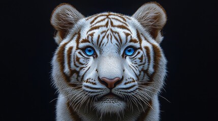 Fototapeta premium Photorealistic Close-Up Portrait of a White Tiger with Blue Eyes Against a Black Background 