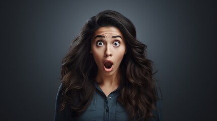 Fototapeta premium Young astonished shocked surprised hispanic woman with long dark hair wear casual clothes looking at camera with wide open eyes and mouth is agape. Winning lottery, holiday, christmas sale concept