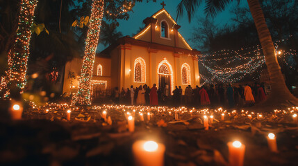 Christmas across India, midnight mass in a colonial church surrounded by Christmas lights, church bells ringing, people gathered in the church yard with lit candles, Ai generated images