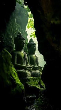 Est&aacute;tua de Buda na caverna, tempo nublado, duas est&aacute;tuas de Buda sentadas uma nos ombros da outra, um muro de pedra coberto de musgo
