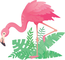 Cartoon pink flamingo standing on one leg with tropical leaves in the background, perfect for designs with a summer or tropical theme