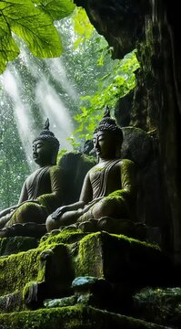 Est&aacute;tua de Buda na caverna, tempo nublado, duas est&aacute;tuas de Buda sentadas uma nos ombros da outra, um muro de pedra coberto de musgo