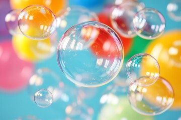 Colorful soap bubbles floating against a bright blue background with vibrant hues of red, yellow, and green visible