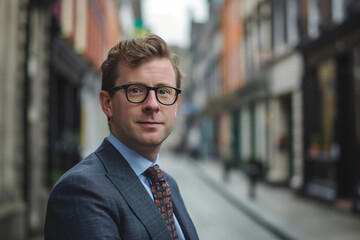 Fototapeta premium Confident lawyer in 30s posing on busy dublin street, exuding success in sharp suit and tie, looking directly at camera with cityscape background