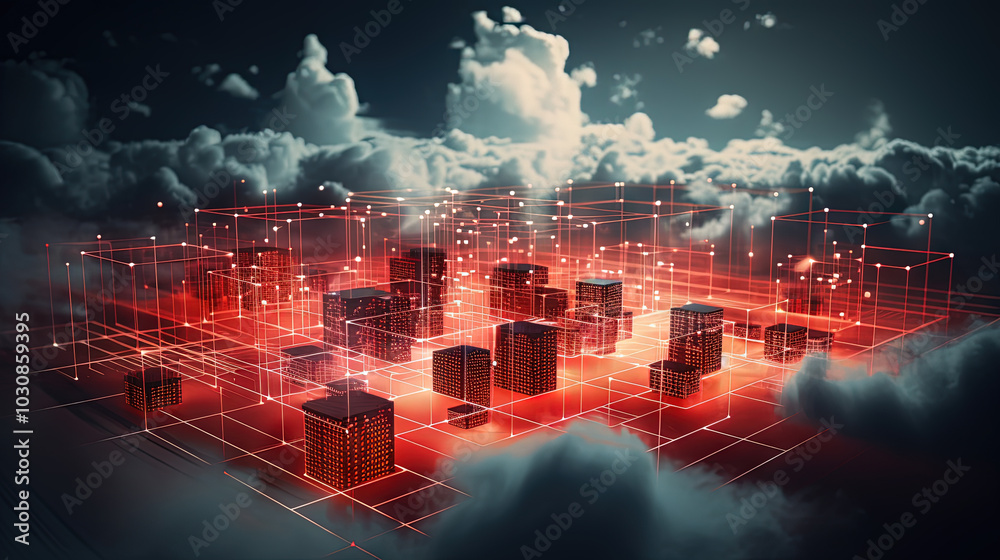 Poster concept of a digital city with cloud connections. futuristic network in the clouds.
