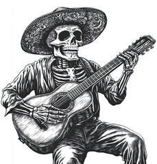 Mexican mariachi skeleton playing a guitar, representing the traditions of Día de los Muertos (Day of the Dead) in an engraved sketch style.