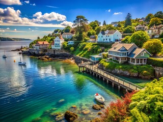 Fototapeta premium Scenic Coastal Landscape with Structures and Lush Foliage for Stunning Visuals