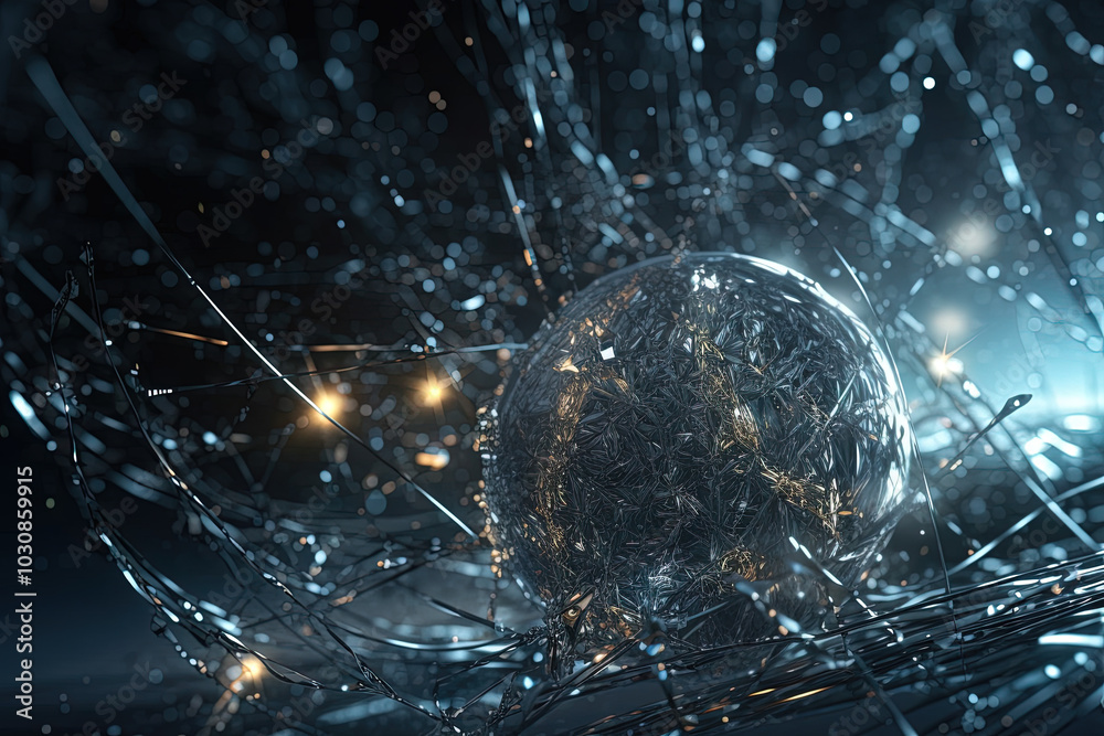 Poster Abstract burst of wires and particles on technology background. Scientific abstraction with mess of wires.