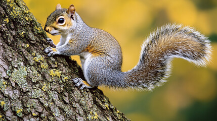 Squirrel on Tree Trunk with Bushy Tail   Wildlife  Nature  Animal Photography