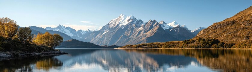 Naklejka premium Snow-capped mountains reflected in a clear blue lake, majestic landscape, nature serenity