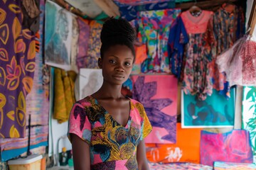 Young fashion designer is posing in her colorful studio, surrounded by her creations and fabric samples