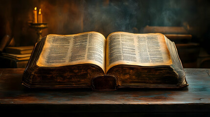 An open, ancient book on a wooden table with a mystical ambiance.