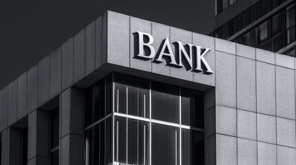 a modern bank building, with a gray and white color palette against a black background. 