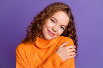 Photo of nice young girl touch shoulder wear pullover isolated on violet color background