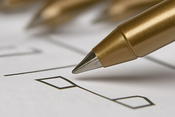 Fototapeta premium A close-up of a golden pen poised over a checklist on a white surface