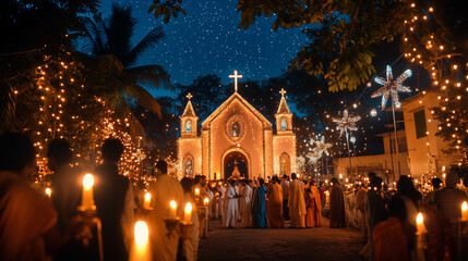 Christmas celebrations across India at midnight, churches sparkling with Christmas lights and candles in every corner, people in traditional clothing gathering outside churches, Ai generated images