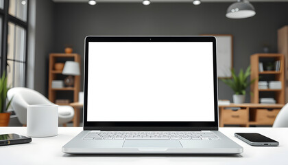 Laptop mockup, computer with empty blank white screen in modern office interior. Home office, workplace, working or studying from home, distance learning, business and technology concept isolated wi
