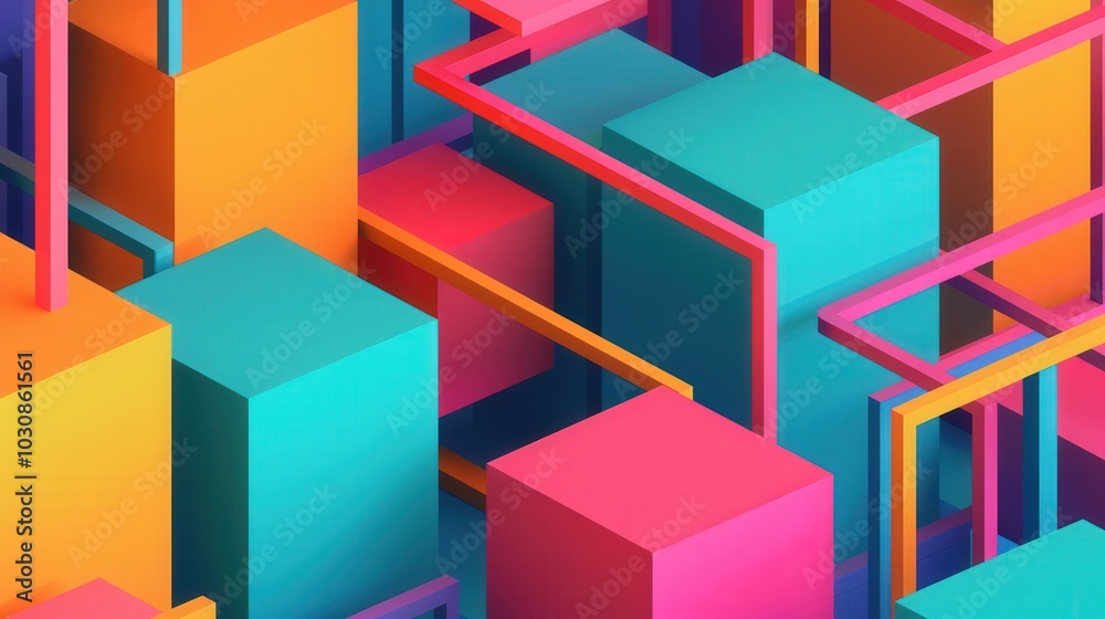 Wall mural vibrant 3d grid composition, an engaging blend of colorful lines and geometric shapes, creating a dy