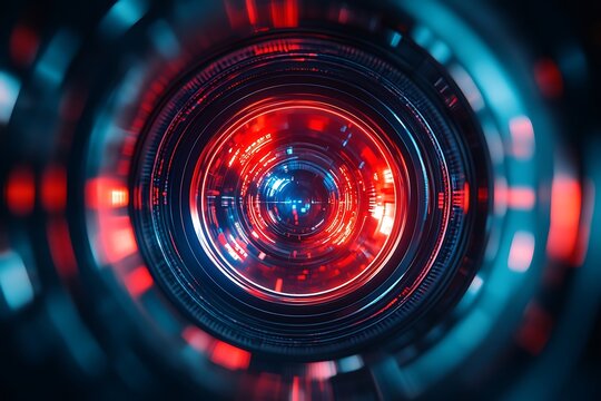 Glowing Red and Blue Camera Lens with Bokeh Effects