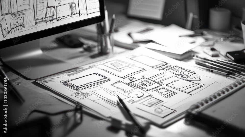Poster ux graphic designer creative. sketch planning application process development prototype wireframe fo