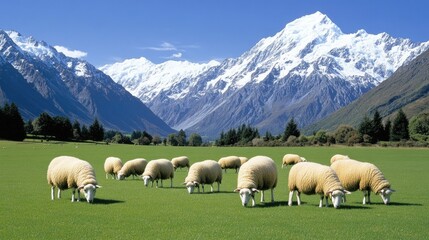 Fototapeta premium Sheep grazing peacefully in the lush green hills of New Zealand on a cloudy day with rolling mountains in the backdrop