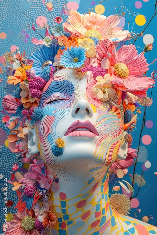 Poster a mannequin bust showcases intricate designs with a variety of colorful flowers and bold patterns. t
