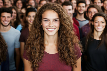 Obraz premium Young woman with curly hair smiles confidently among a diverse group of friends outdoors