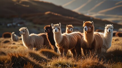 Fototapeta premium A group of alpacas stand in a field with mountains in the background.