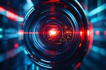Glowing Circuitry Lens with Red and Blue Bokeh