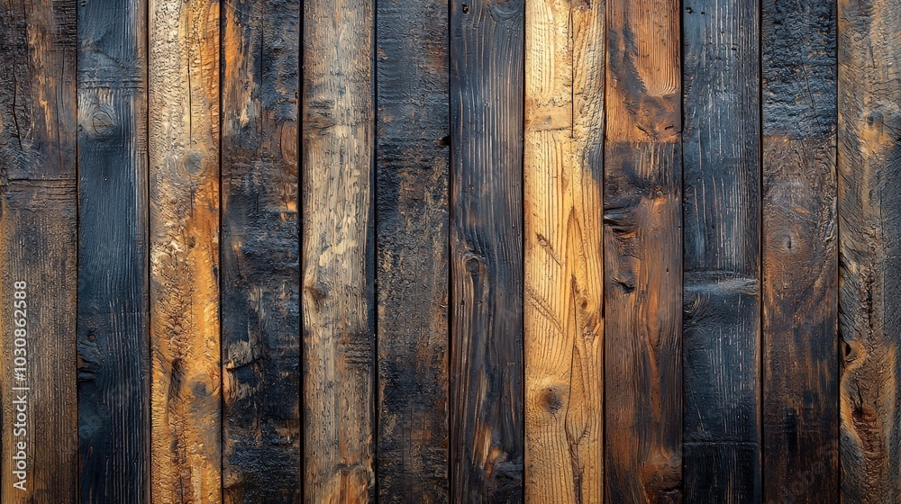 Poster The weathered wooden wall features a blend of dark and light tones, showcasing unique textures and natural aging that add to its rustic charm