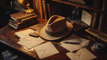 Vintage Desk with Hat  Envelopes  and Pen for Detective Story or Mystery Theme
