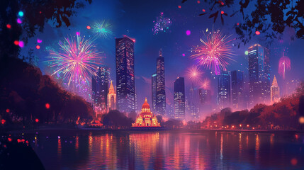 Diwali fireworks, fireworks burning brightly in the modern city sky, colorful reflections in the calm flowing river, temples and skyscrapers standing majestically in the background, AI generated image