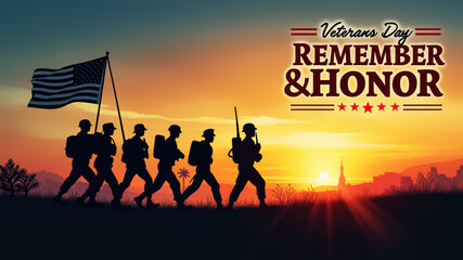 Group of soldiers marching at sunset veterans day remember and honor banner