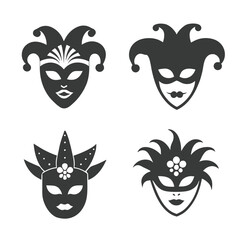 Venetian Mask Silhouette Vector Icon Set.