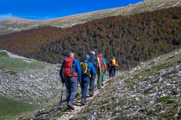 Group of hikers explores the mountain path in the autumn season.