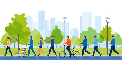 Diverse group of people walking, jogging and biking in a city park.