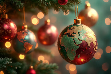 World map Christmas baubles in green and red hanging on a Christmas tree - AI generated